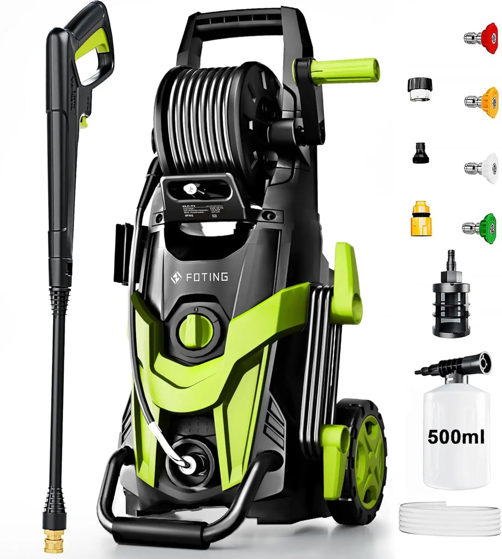 Pressure Power Washer 4800 PSI de alta potencia con 4 boquillas de conexión rápida, manguera de entrada con filtro y cañón de espuma. Ideal para limpiar autos, cercas, entradas, patios y exteriores del hogar con máxima eficiencia.