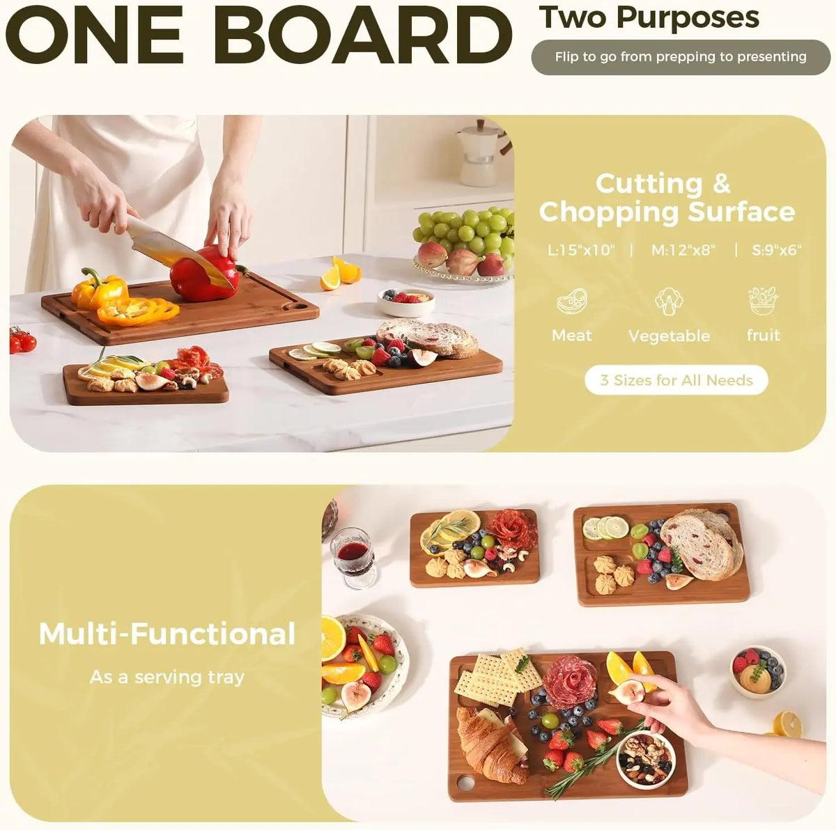 3-piece bamboo cutting board set with juice grooves and non-slip mats, ideal for meat, vegetables, and fruits.