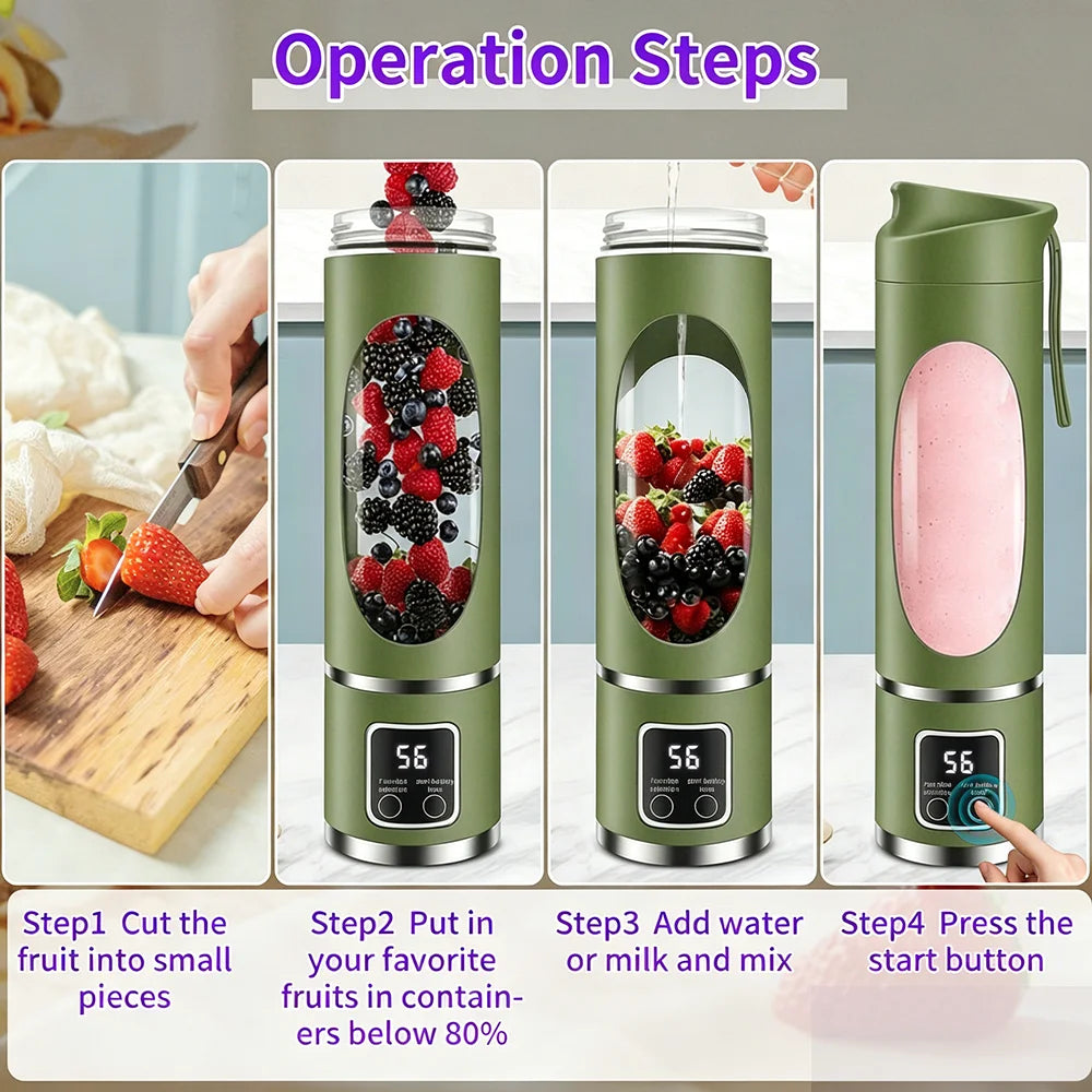 Portable 450ml Juicer Blender with 12 stainless steel blades, 3 blending speeds, USB rechargeable battery, and digital display. Perfect for smoothies, shakes, and fresh juice at home, work, travel, or the gym.