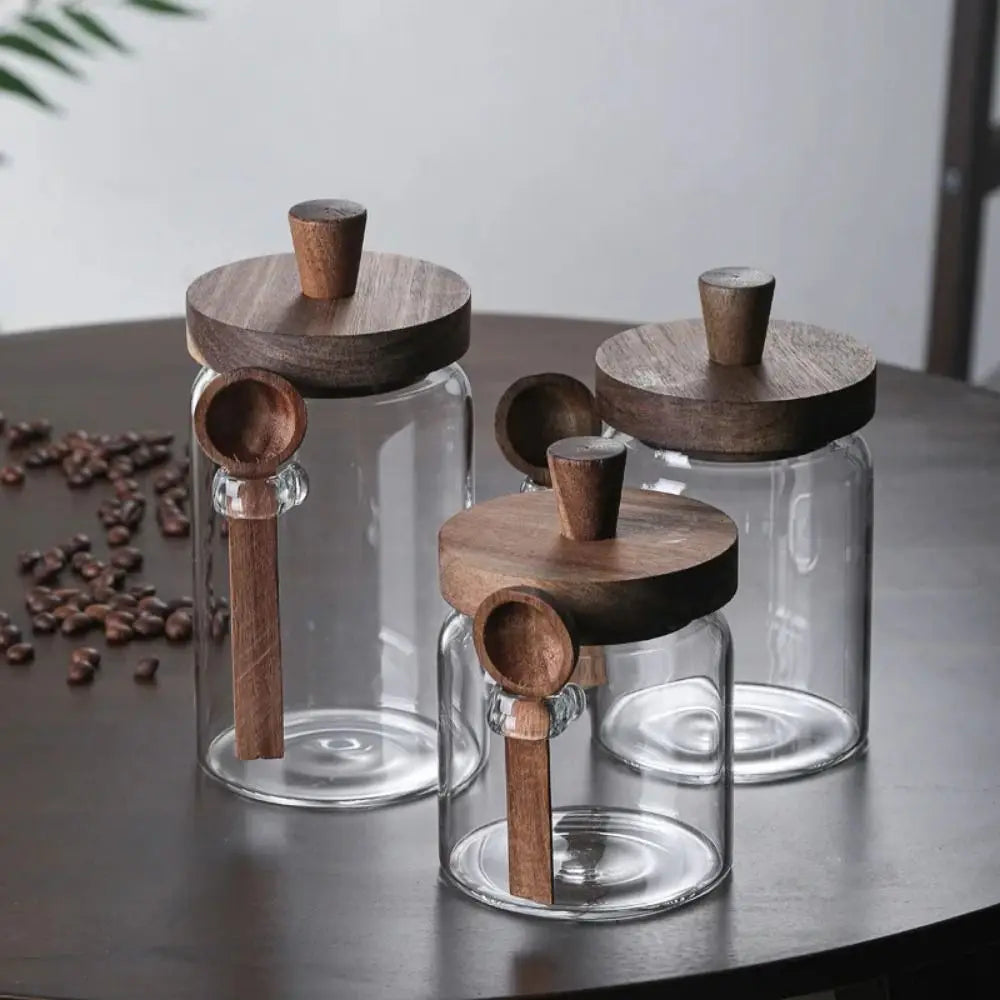 Glass Coffee Bean Storage Jar – Airtight Wooden Lid, Scoop & Wide-Mouth Design