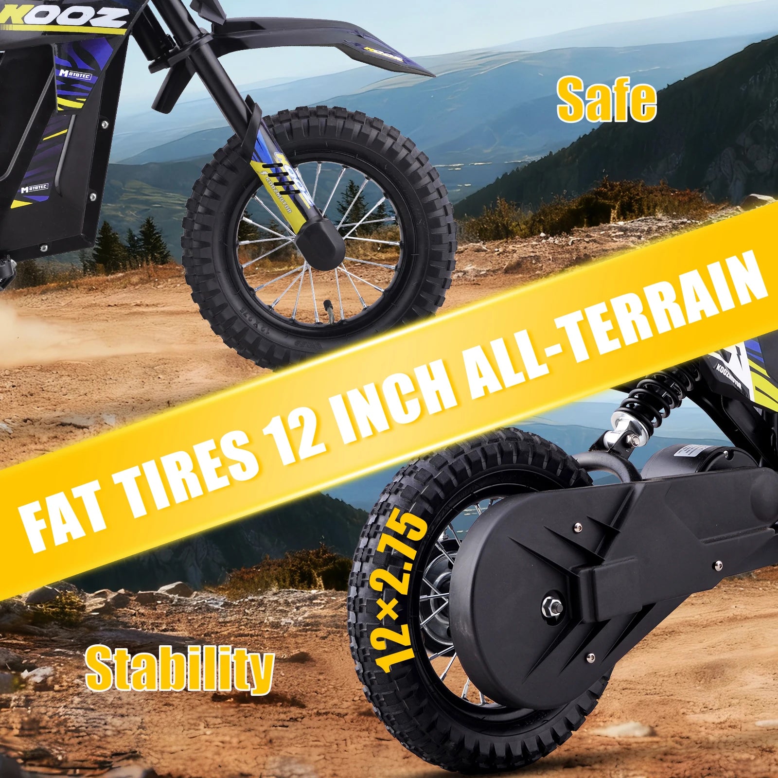 KOOZ 300W Kids Electric Dirt Bike (15.5 MPH)
The ultimate off-road experience for young riders. This 36V electric motorcycle features 3 safe speed modes, a 15.5 MPH top speed, and a long-lasting 14-mile range on a single charge.