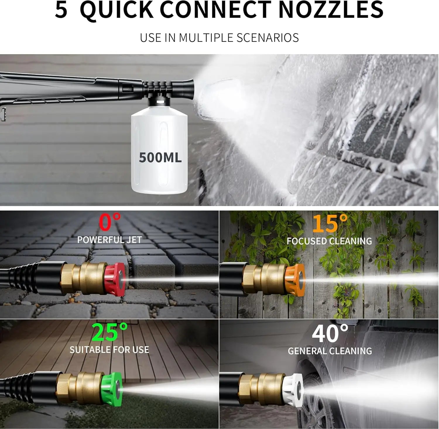 Pressure Power Washer 4800 PSI de alta potencia con 4 boquillas de conexión rápida, manguera de entrada con filtro y cañón de espuma. Ideal para limpiar autos, cercas, entradas, patios y exteriores del hogar con máxima eficiencia.