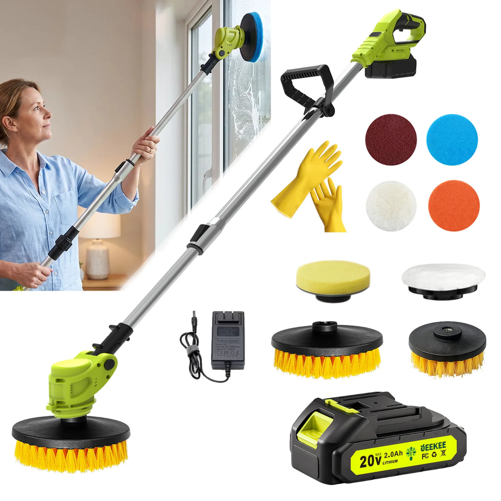 Cordless electric cleaning brush with an adjustable rotating handle and two rechargeable batteries for convenient cleaning.