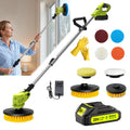 Cordless electric cleaning brush with an adjustable rotating handle and two rechargeable batteries for convenient cleaning.