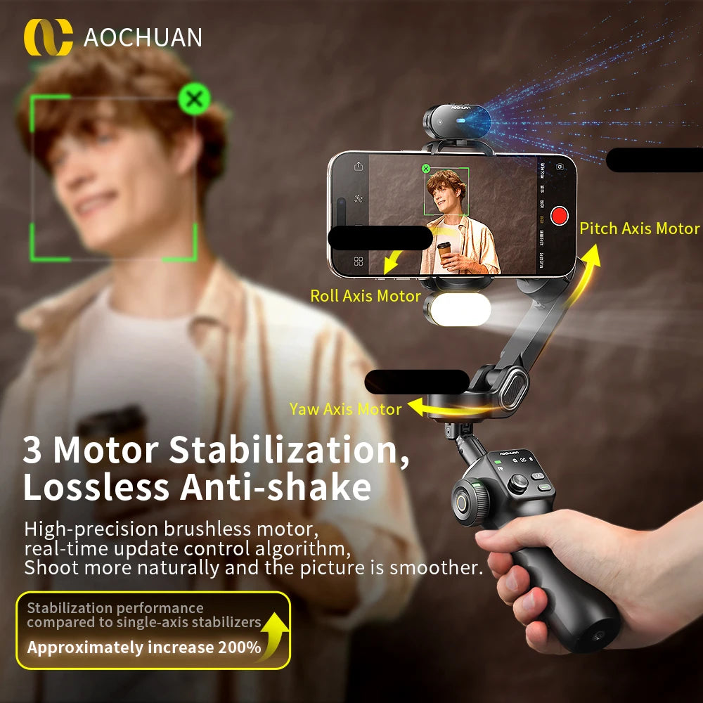 AOCHUAN 3-Axis Phone Gimbal Stabilizer with Extension Rod & Face Tracking