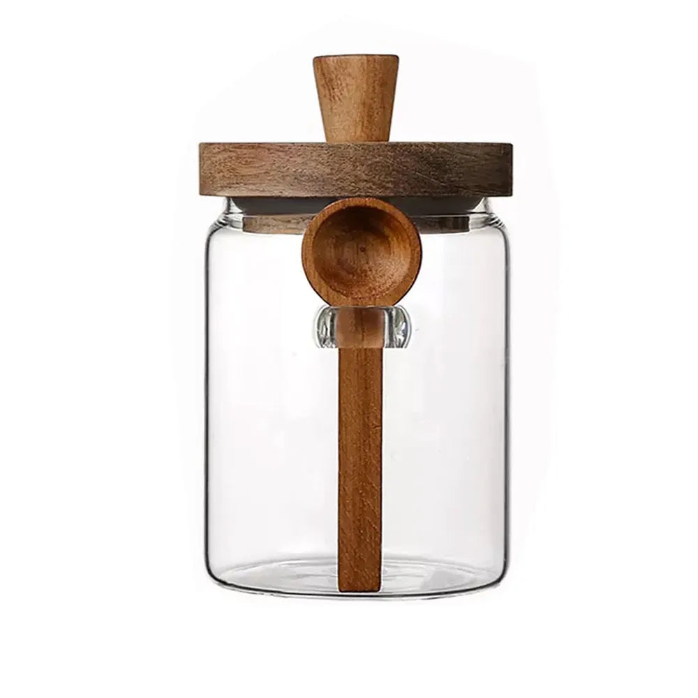 Glass Coffee Bean Storage Jar – Airtight Wooden Lid, Scoop & Wide-Mouth Design