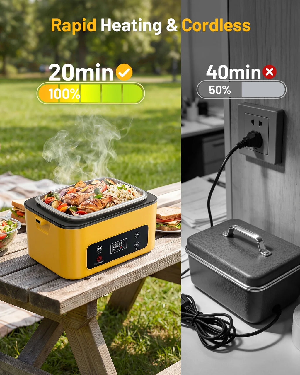 Portable heated lunch box with a 40oz stainless steel container, leakproof design, and built-in power bank for work, school, or travel.