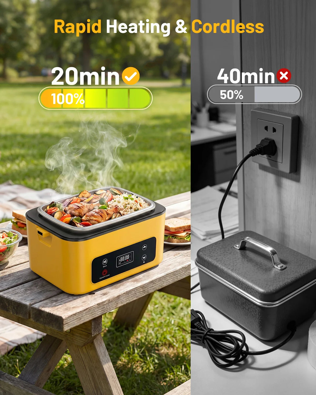 Portable heated lunch box with a 40oz stainless steel container, leakproof design, and built-in power bank for work, school, or travel.