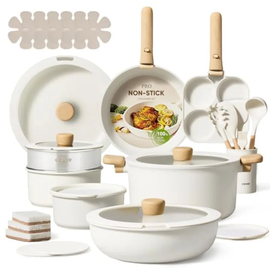 Nonstick Cookware Set with detachable handles for easy storage and versatile cooking. Compatible with induction, oven-safe, and dishwasher-safe for everyday convenience.