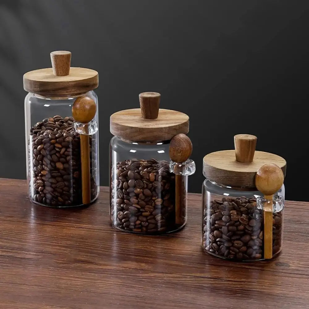 Glass Coffee Bean Storage Jar – Airtight Wooden Lid, Scoop & Wide-Mouth Design
