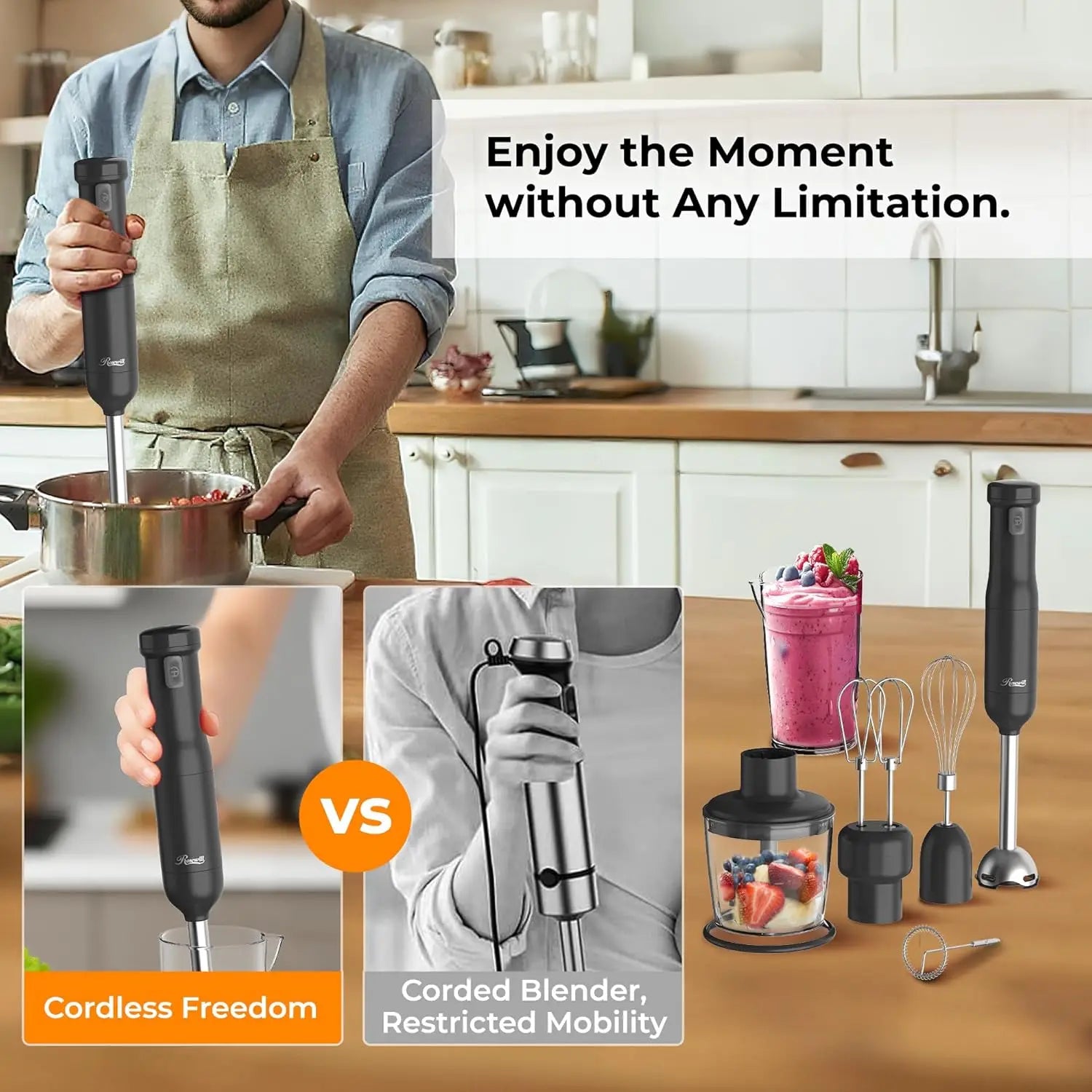Rechargeable 6-in-1 Cordless Hand Blender Set
Ditch the cord. This heavy-duty immersion blender features variable speeds and a full suite of attachments (whisk, chopper, beaker, and beaters) for ultimate kitchen versatility.
