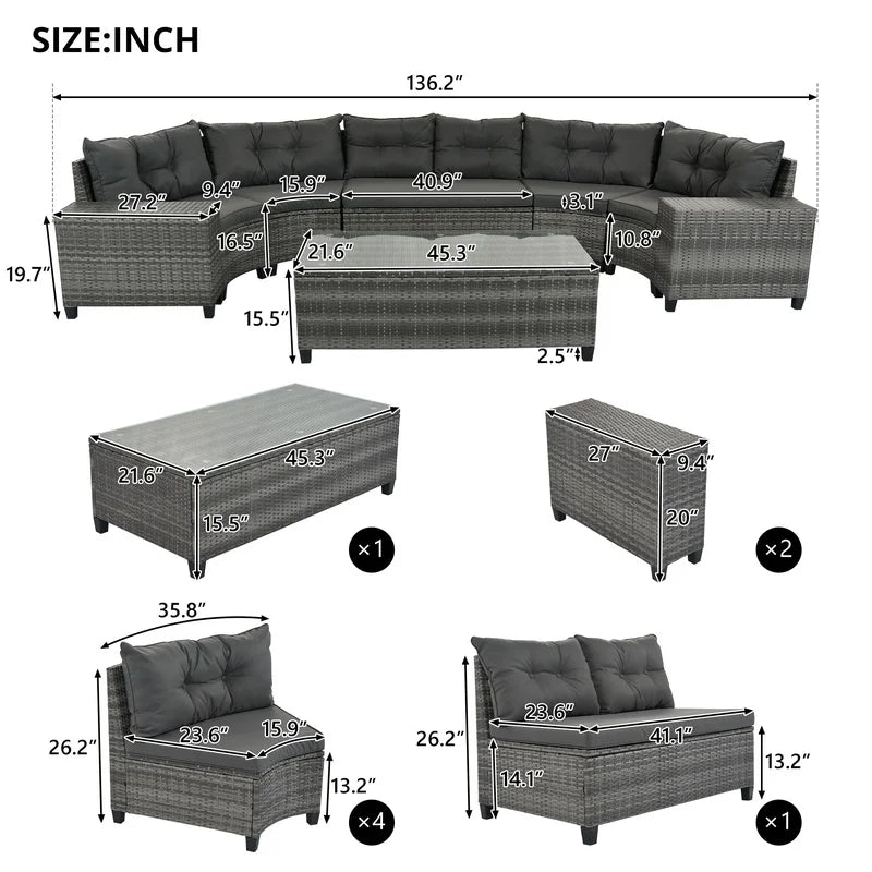 8-Piece Outdoor Wicker Round Sofa Set with Half-Moon Sectional, All-Weather PE Rattan, Curved Layout, Rectangular Coffee Table, Movable Gray Cushions
