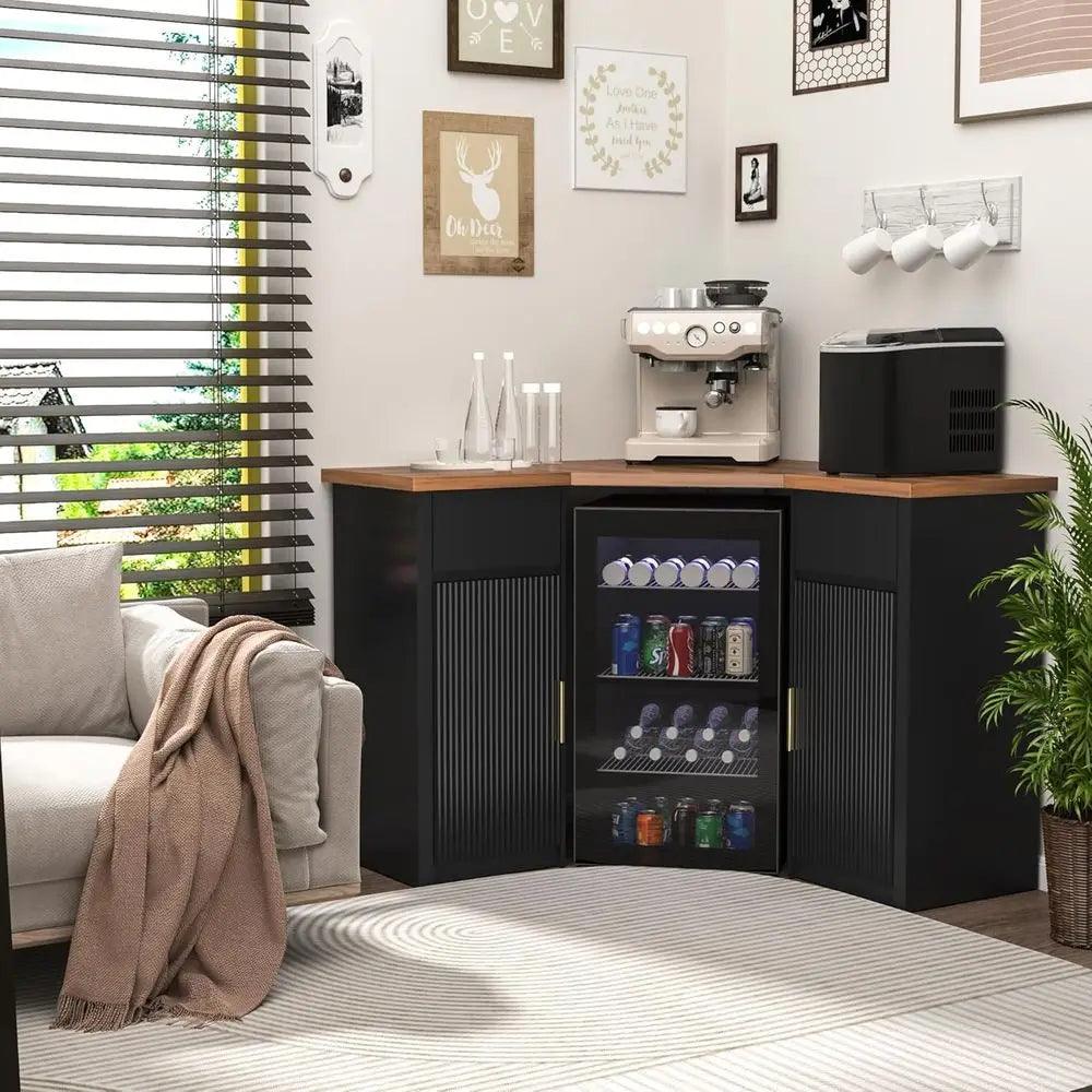 L-Shaped Liquor Cabinet & Coffee Bar with Fridge Space
Elevate your home entertaining. This versatile L-shaped corner station offers built-in storage for your favorite wine and spirits, plus a dedicated space to seamlessly slide in your mini-fridge.