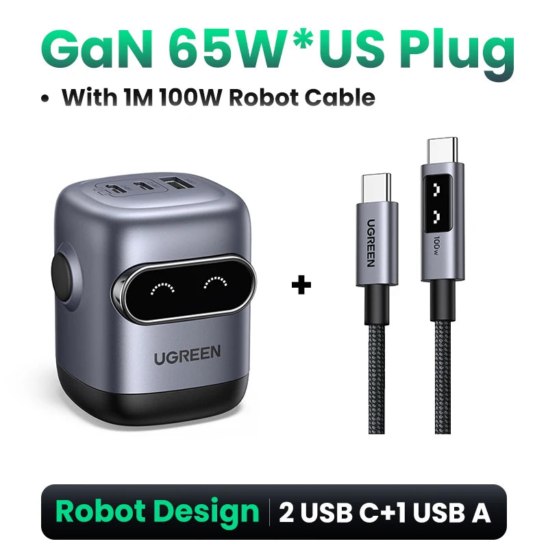 Compact UGREEN GaN fast charger with up to 100W 65W 30W power, designed for phones, tablets, and laptops.