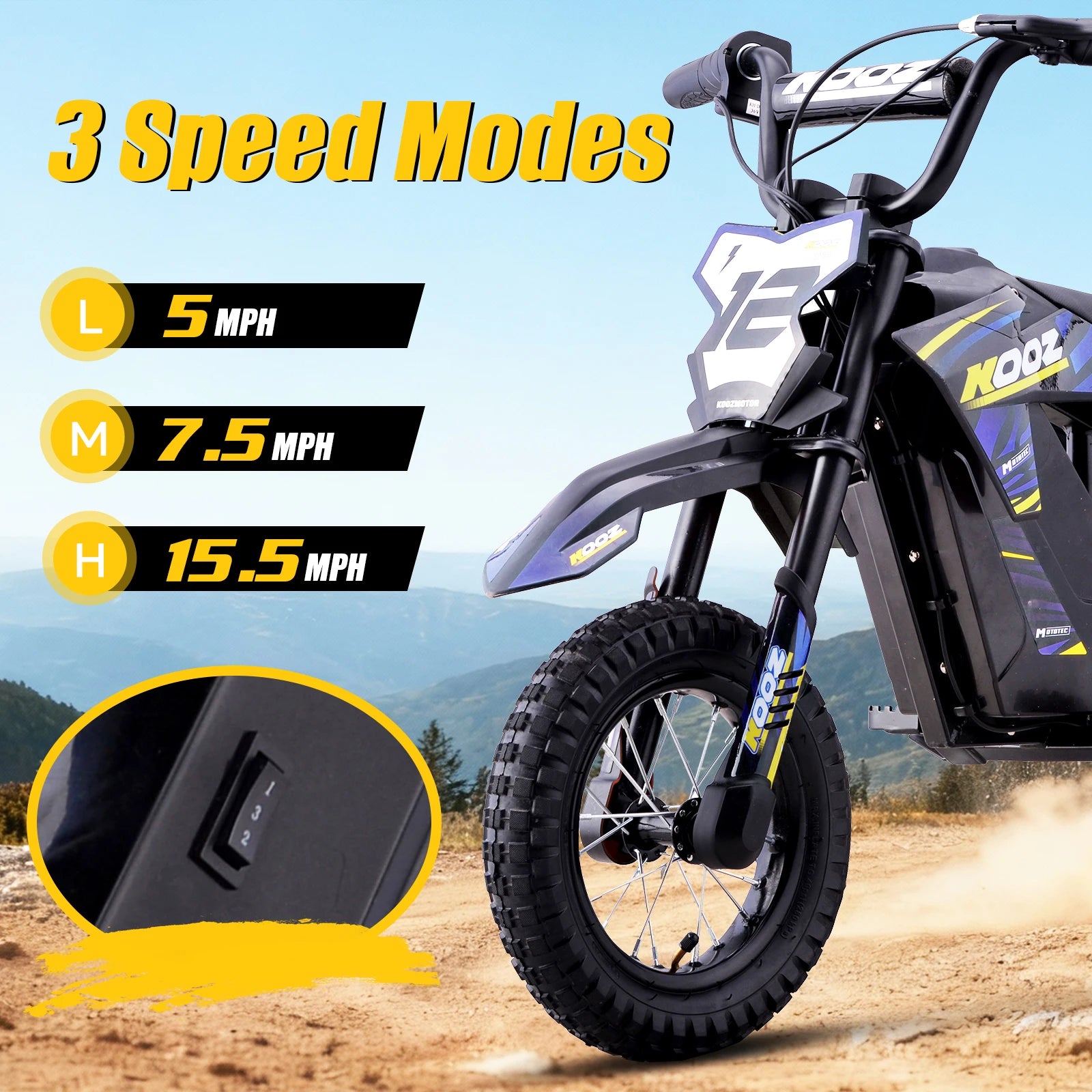 KOOZ 300W Kids Electric Dirt Bike (15.5 MPH)
The ultimate off-road experience for young riders. This 36V electric motorcycle features 3 safe speed modes, a 15.5 MPH top speed, and a long-lasting 14-mile range on a single charge.