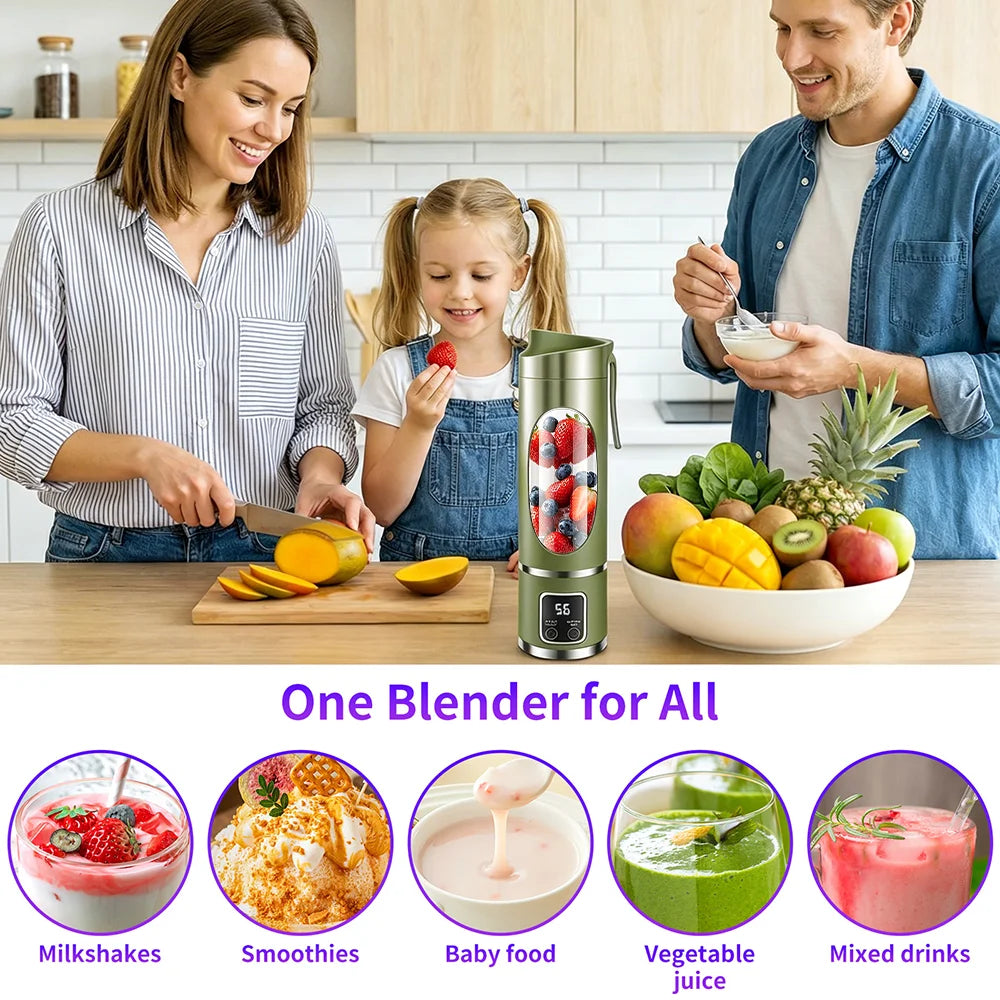 Portable 450ml Juicer Blender with 12 stainless steel blades, 3 blending speeds, USB rechargeable battery, and digital display. Perfect for smoothies, shakes, and fresh juice at home, work, travel, or the gym.