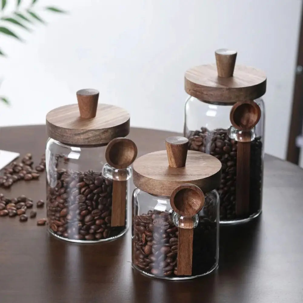 Glass Coffee Bean Storage Jar – Airtight Wooden Lid, Scoop & Wide-Mouth Design