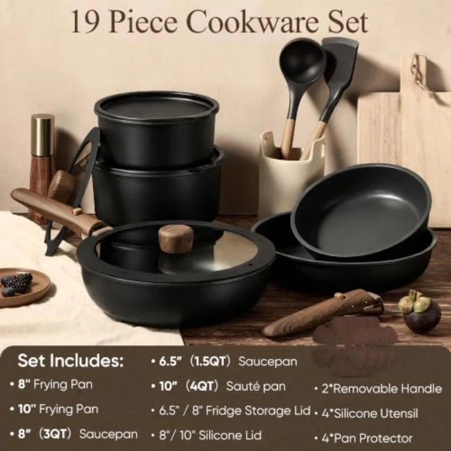 Nonstick Cookware Set with detachable handles for easy storage and versatile cooking. Compatible with induction, oven-safe, and dishwasher-safe for everyday convenience.