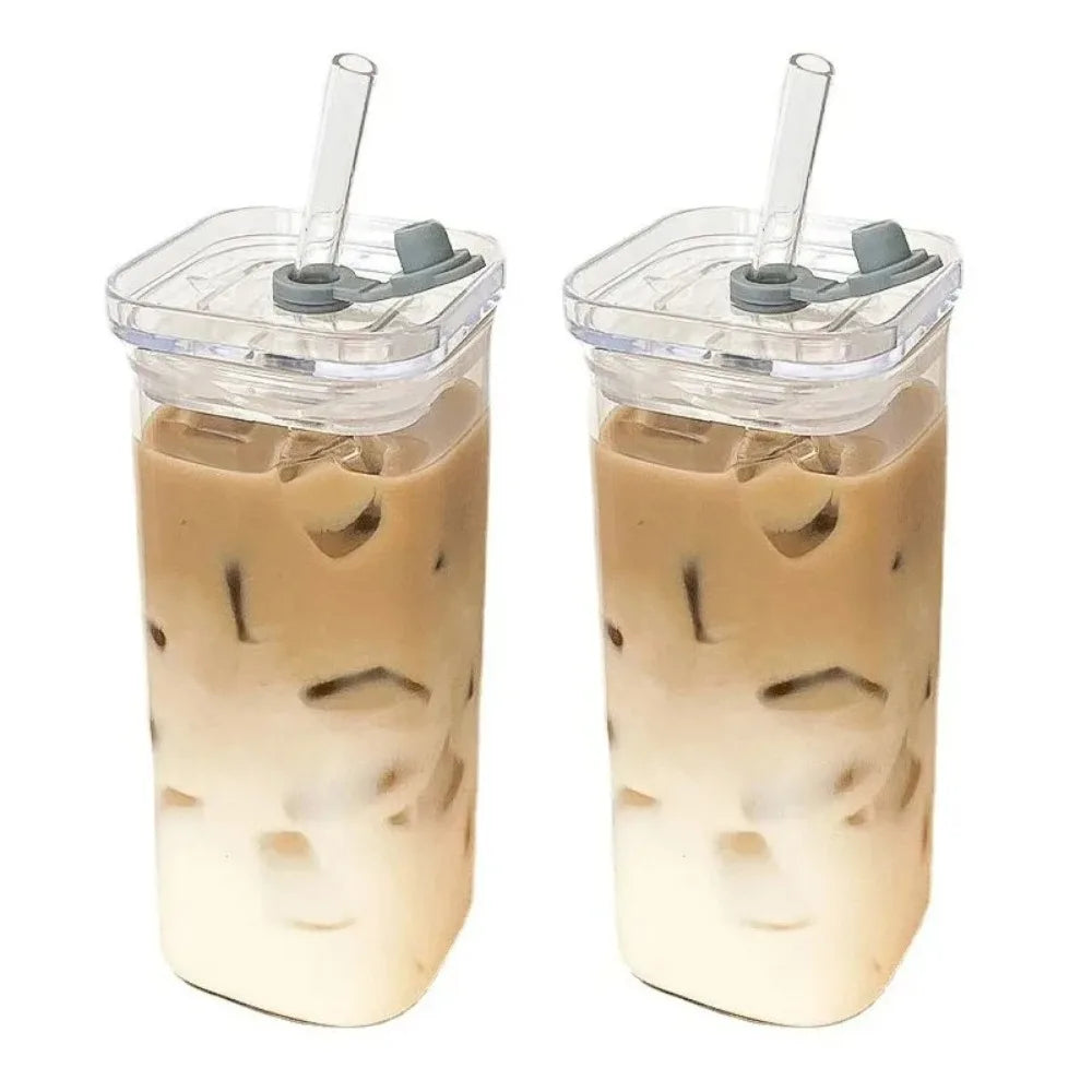 Square Glass Coffee Cup with Lid & Straw – Heat Resistant