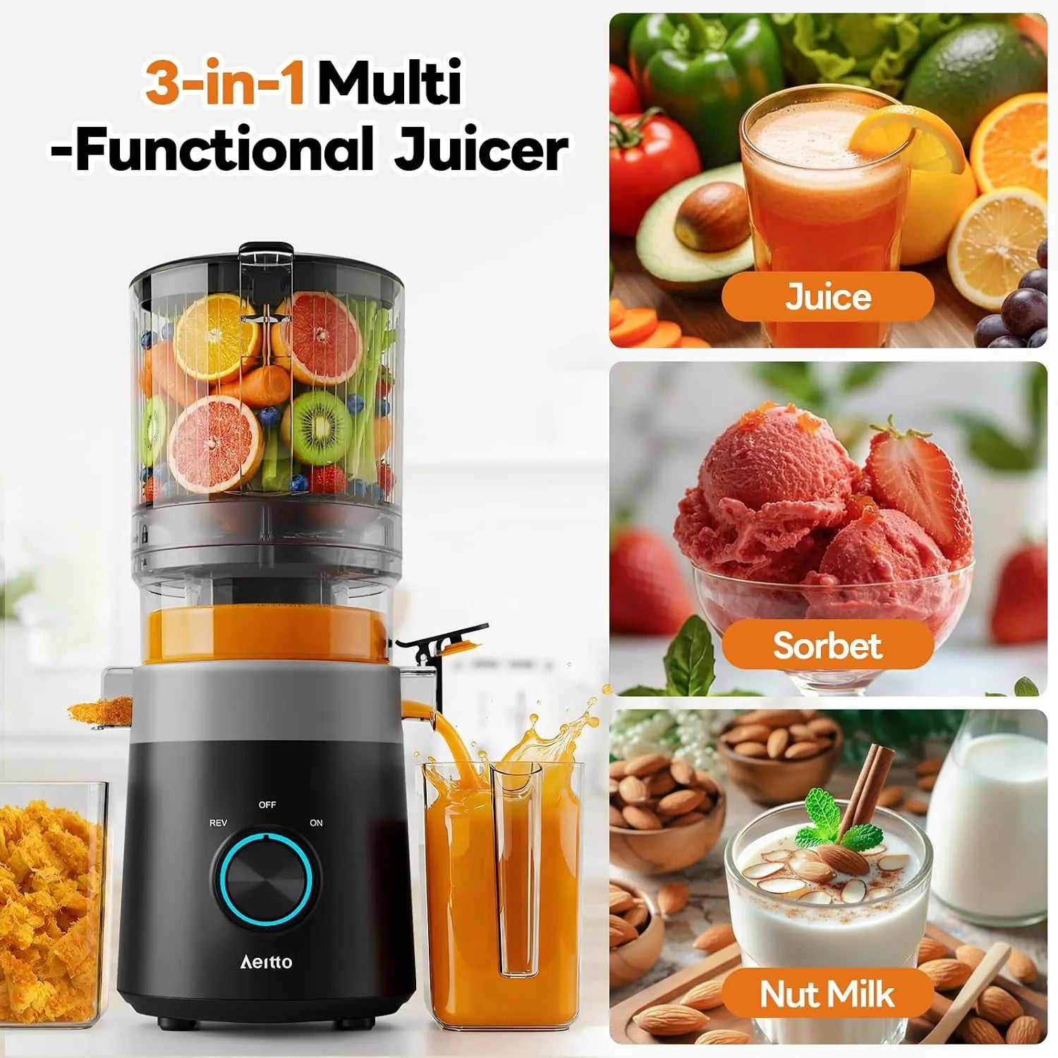 3-in-1 Cold Press Juicer for fresh juice, nut milk, and sorbet. Features a 6-inch extra-large feed chute, filter-free design, high juice yield, and easy cleaning.