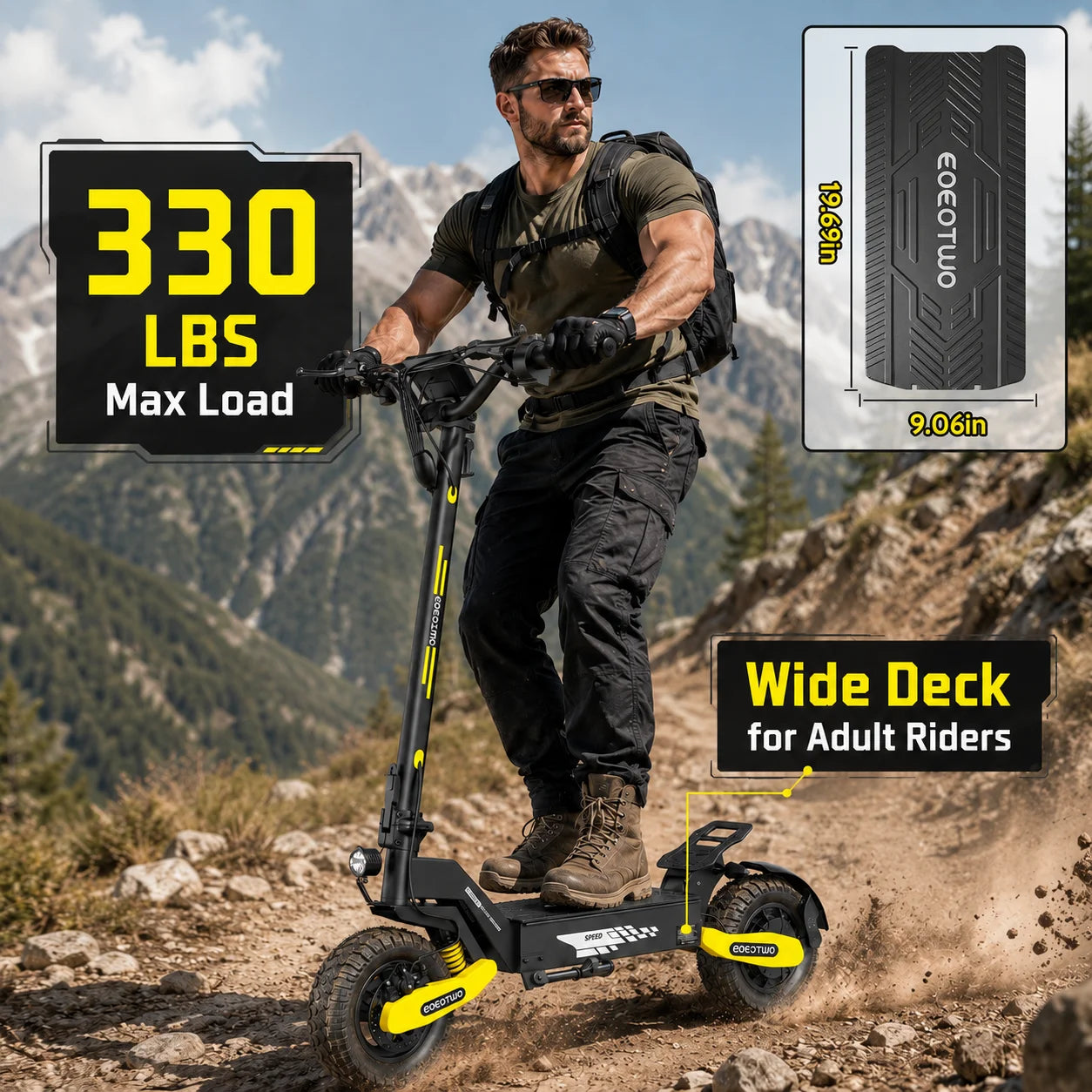EOEOTWO 1200W Foldable Off-Road E-Scooter
Hit the trails at 30 MPH. This high-speed adult scooter packs a 48V long-range battery and rugged 11-inch tubeless tires into a durable, folding frame.