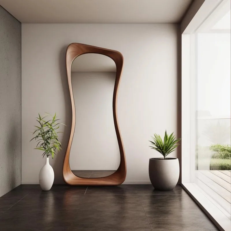 Irregular Solid Wood Full-Length Mirror – Modern Wall-Mounted Design