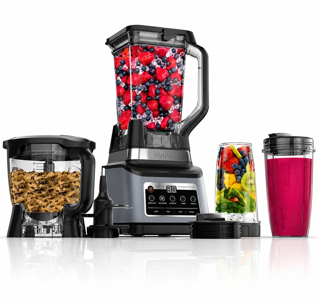 Sistema de cocina Professional Plus de 1400W, con tecnología Auto-iQ, diseño moderno en gris y materiales resistentes de acero inoxidable y plástico.