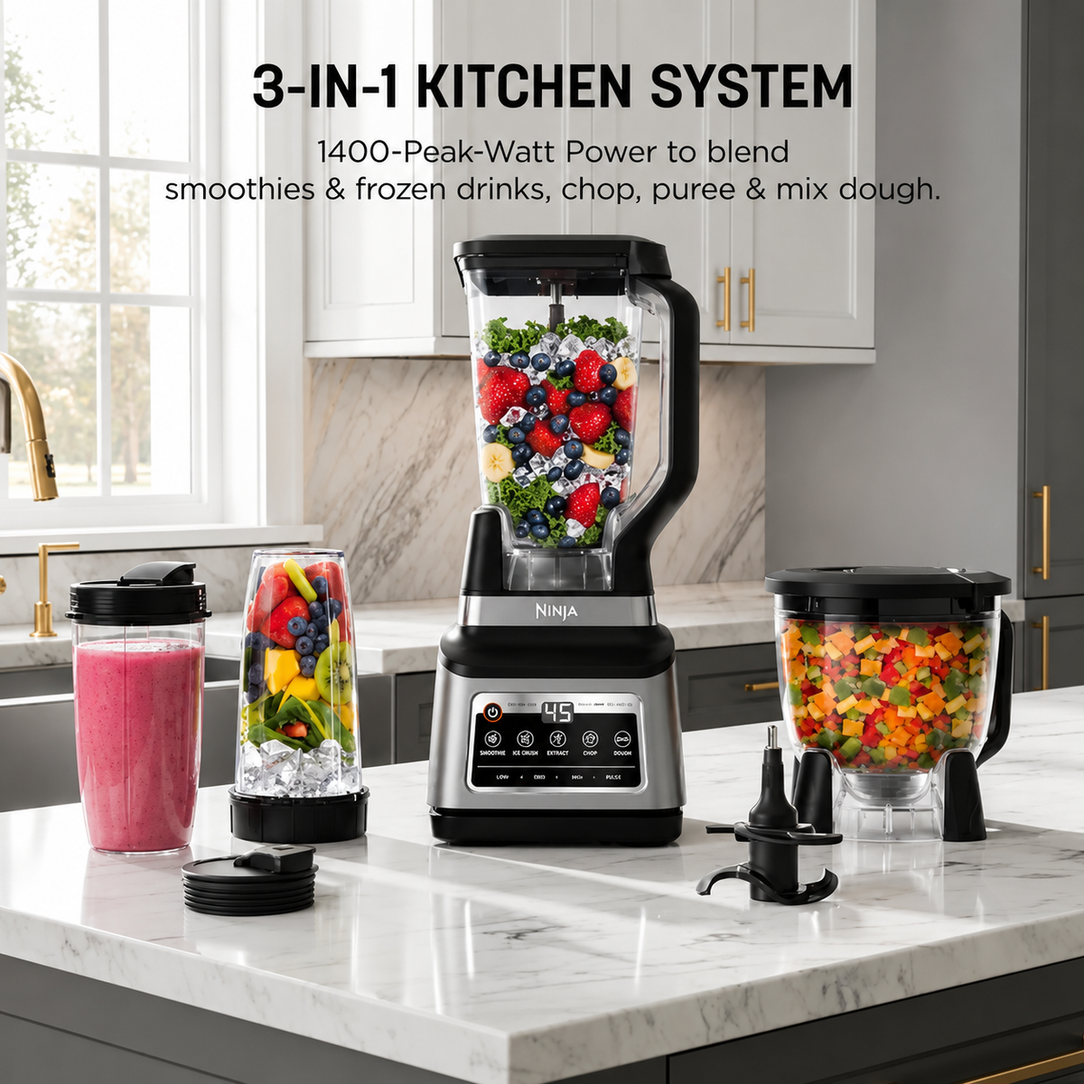 Sistema de cocina Professional Plus de 1400W, con tecnología Auto-iQ, diseño moderno en gris y materiales resistentes de acero inoxidable y plástico.