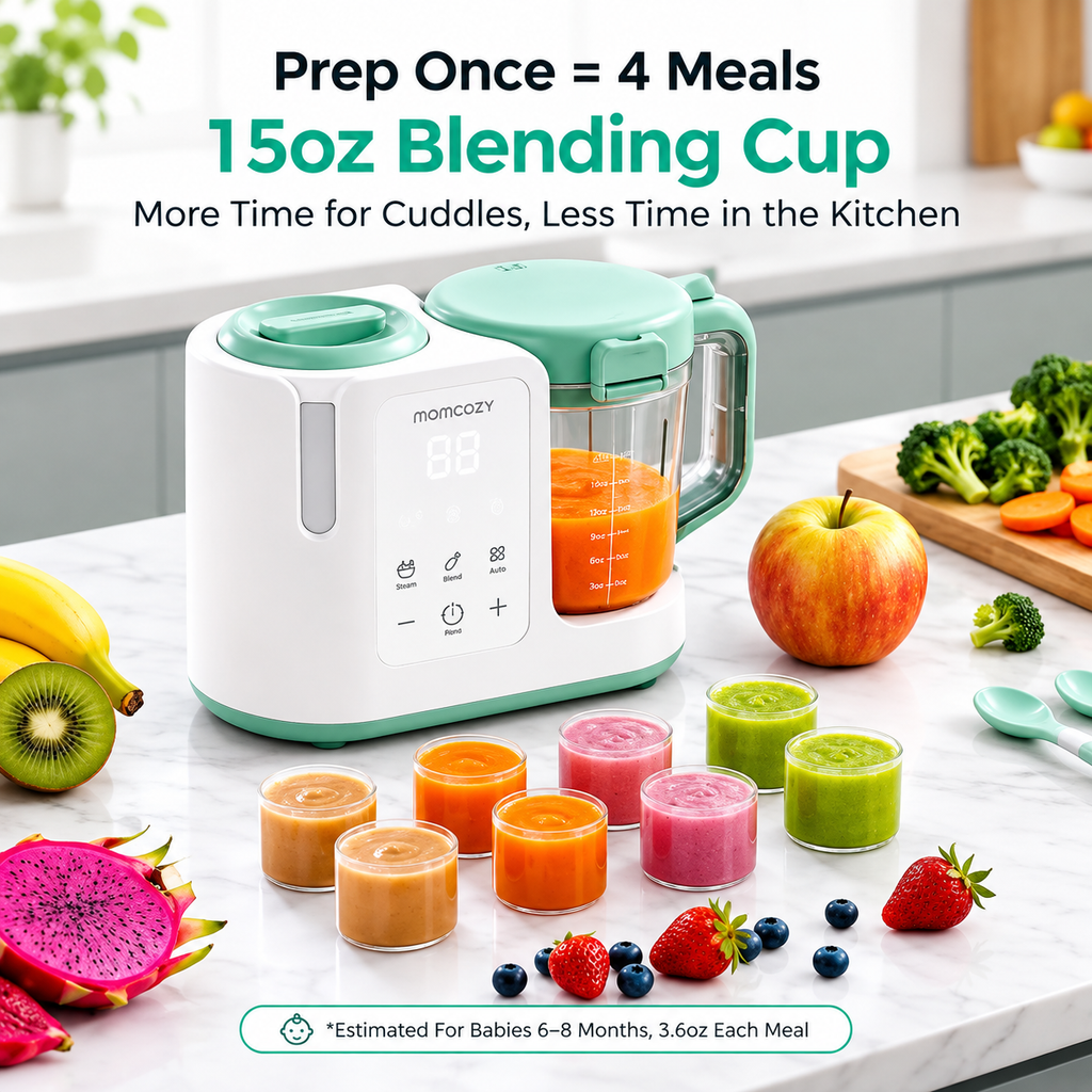 Automatic baby food maker with one-step steaming and blending, stainless steel design, and easy self-cleaning.