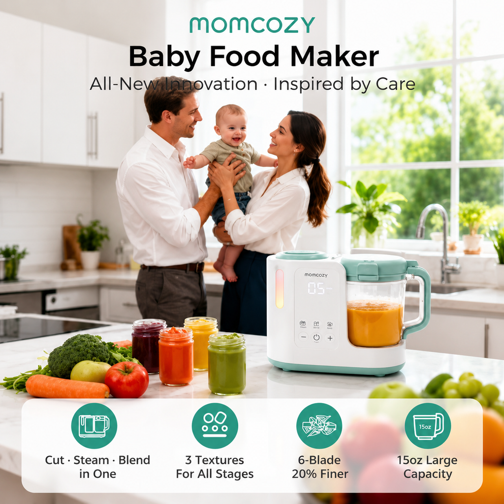 Automatic baby food maker with one-step steaming and blending, stainless steel design, and easy self-cleaning.