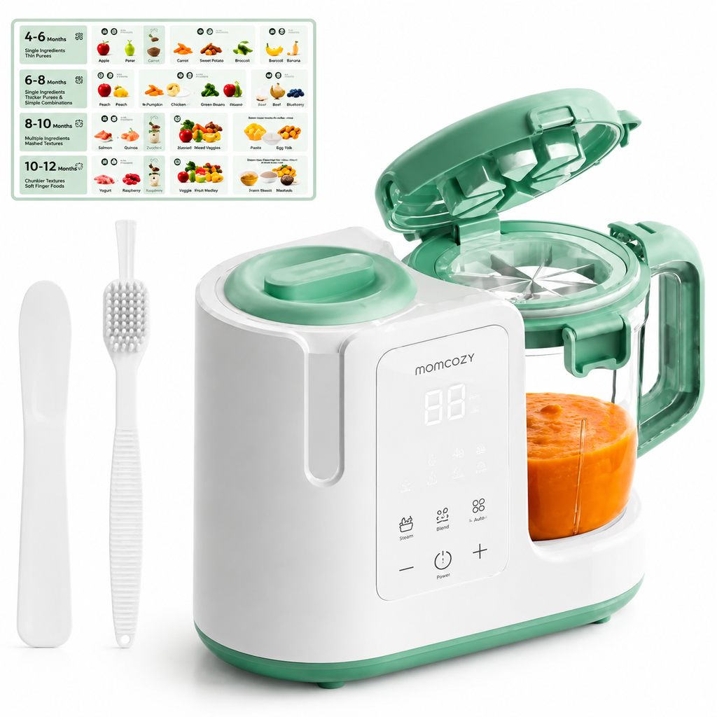 Automatic baby food maker with one-step steaming and blending, stainless steel design, and easy self-cleaning.