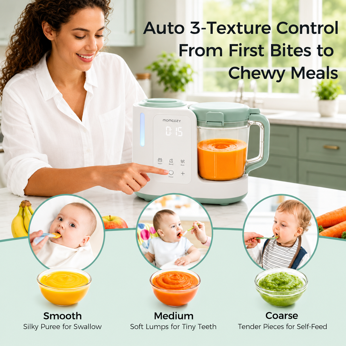 Automatic baby food maker with one-step steaming and blending, stainless steel design, and easy self-cleaning.