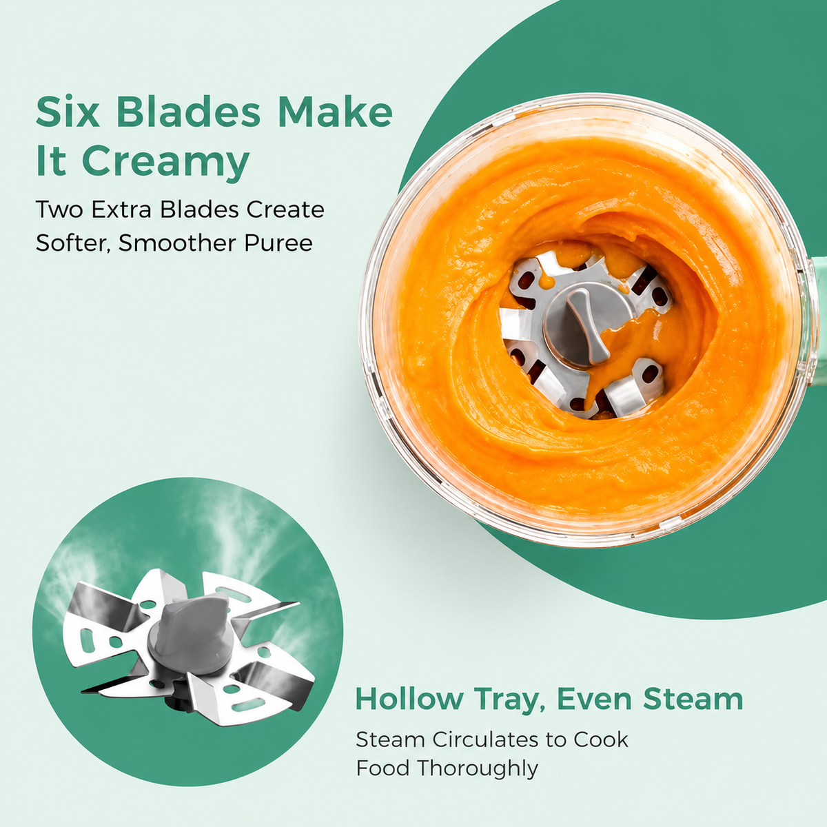Automatic baby food maker with one-step steaming and blending, stainless steel design, and easy self-cleaning.