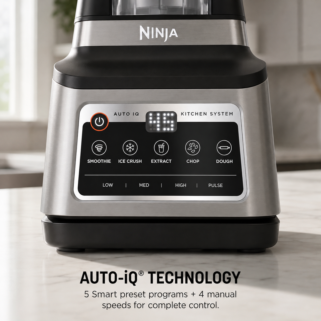 Sistema de cocina Professional Plus de 1400W, con tecnología Auto-iQ, diseño moderno en gris y materiales resistentes de acero inoxidable y plástico.